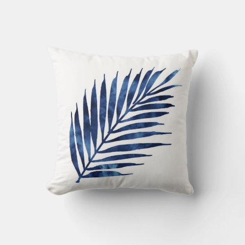 Indigo Watercolor Palm Fronds Throw Pillow