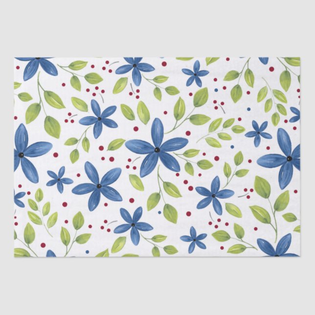 Indigo Waterolor Floral Bouquet Pattern Tissue Paper (Front)