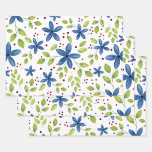 Indigo Waterolor Floral Bouquet Pattern Wrapping Paper Sheets
