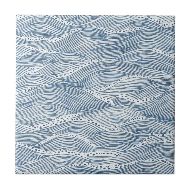 Indigo Wave Line Art Ceramic Tile (Front)