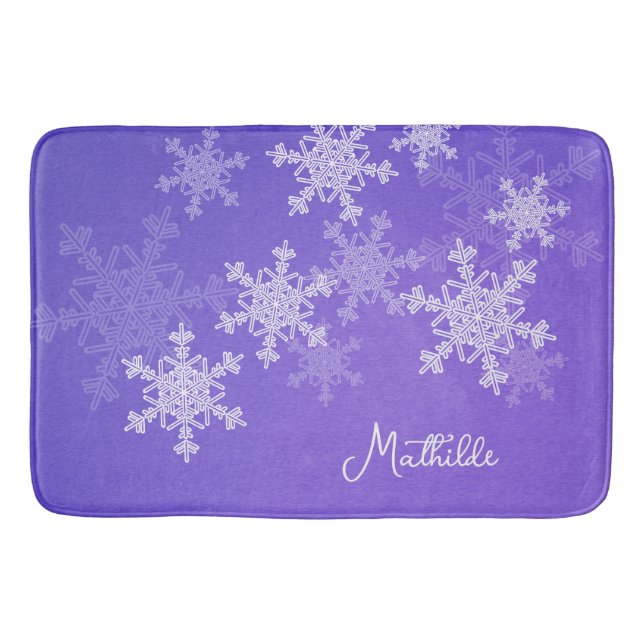 Indigo White Snowflakes Minimalist Christmas Name Bath Mat (Front)