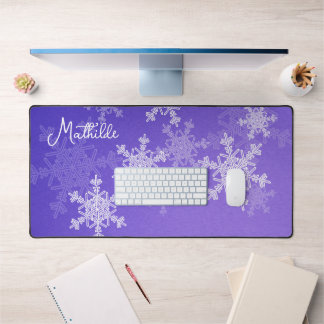 Indigo White Snowflakes Minimalist Christmas Name Desk Mat