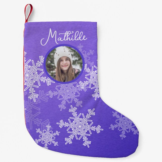 Indigo White Snowflakes Minimalist Christmas Photo Small Christmas Stocking (Front)
