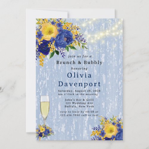 Indigo Yellow Peony Wood Lights Brunch  Bubbly In Invitation