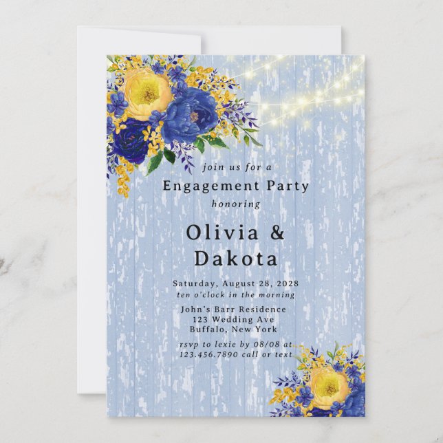 Indigo Yellow Peony Wood Lights Engagement Party Invitation (Front)
