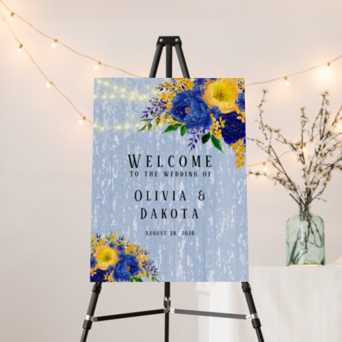 Indigo Yellow Peony Wood Wedding Welcome Sign