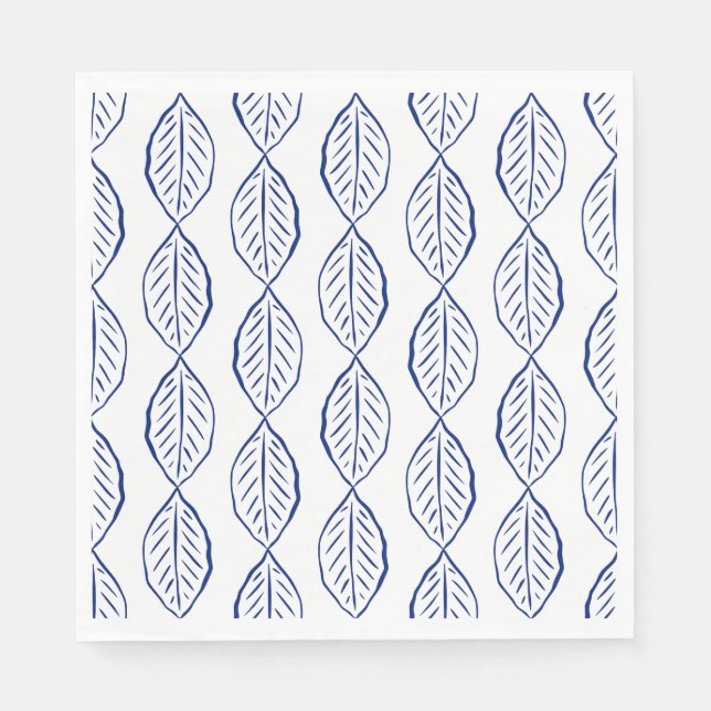 IndigoVine-Minimalist Leaf Pattern Indigo & White Napkins (Front)