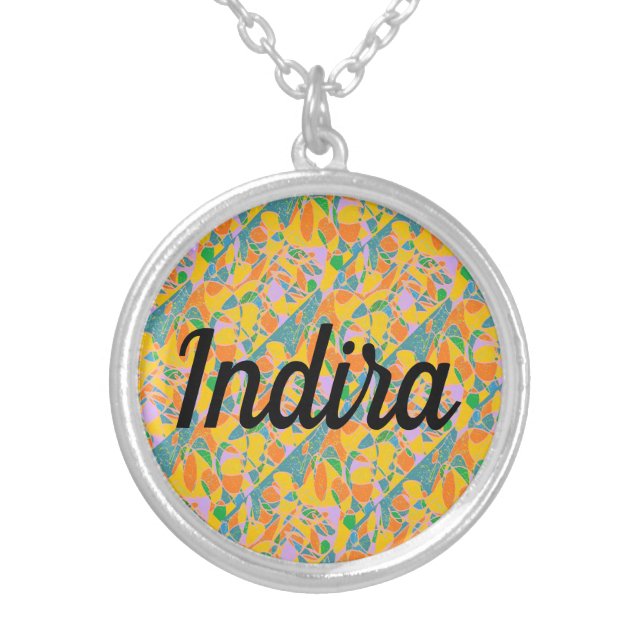 Indira name with abstract art background silver plated necklace (Front)