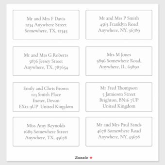 Individual Guest Names and Address Shipping Serif Sticker | Zazzle