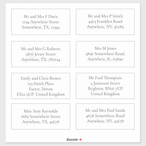 Individual Guest Names and Address Shipping Serif Sticker | Zazzle