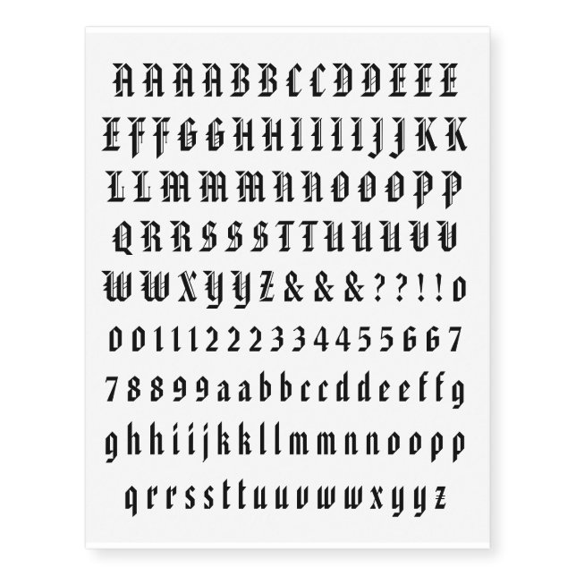 Individual Letter and Number Temporary Tattoos (Front)