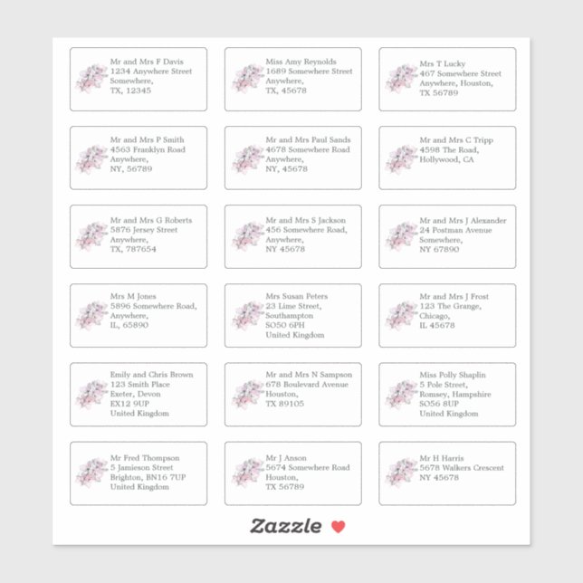 Individual Name and Address Wedding Guests Floral Sticker (Sheet)