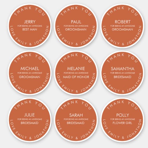 Individual Name Thank You Bridal Party Terracotta Sticker