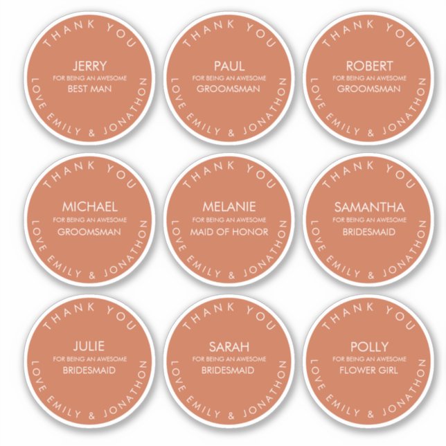 Individual Name Thank You Bridal Party Terracotta Sticker (Front)