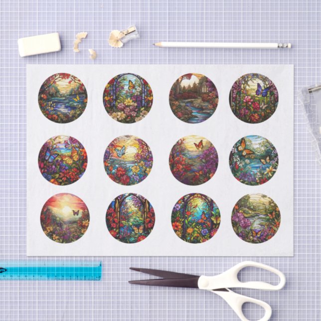 Individual Stained Glass Garden Scenes Decoupage Tissue Paper (Craft)