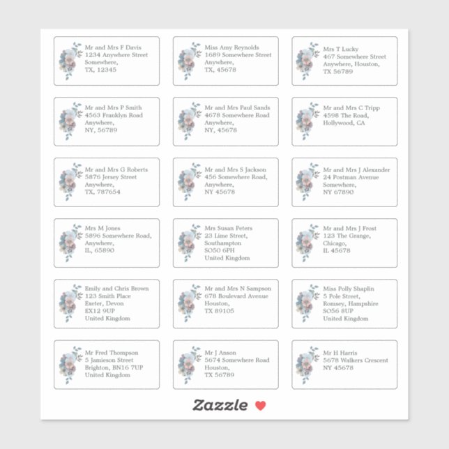 Individual Wedding Guest Name Address Blue Florals Sticker (Sheet)