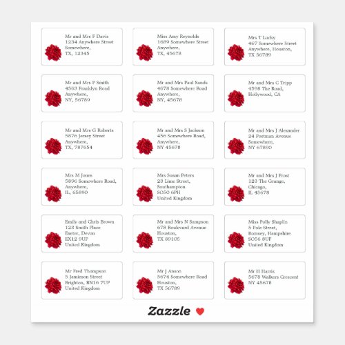 Individual Wedding Guest Name Address Red Rose Sticker
