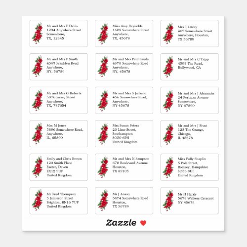 Individual Wedding Guest Name Address Red Roses Sticker