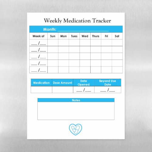 Individual Weekly Medication Tracker Magnetic Dry Erase Sheet