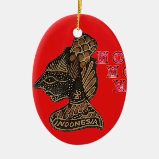 Indonesi Shadow Puppet Hohoho Design on Red canvas Ceramic Ornament (Front)