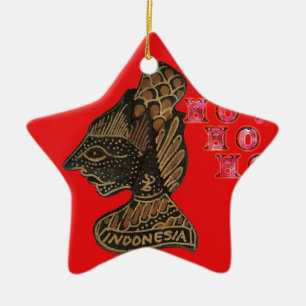 Indonesi Shadow Puppet Hohoho Design on Red canvas Ceramic Ornament