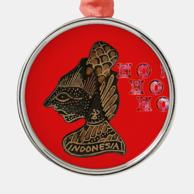 Indonesi Shadow Puppet Hohoho Design on Red canvas Metal Ornament (Front)