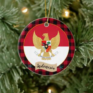 Indonesia, Red buffalo plaid & Indonesian Flag Ceramic Ornament