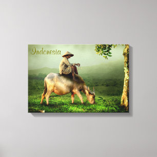 Indonesia Scenic landscape with Buffalo and Farmer Canvas Print