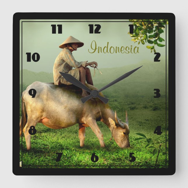 Indonesia Scenic landscape with Buffalo and Farmer Square Wall Clock (Front)