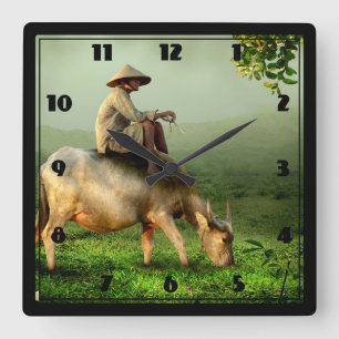 Indonesia Scenic landscape with Buffalo and Farmer Square Wall Clock