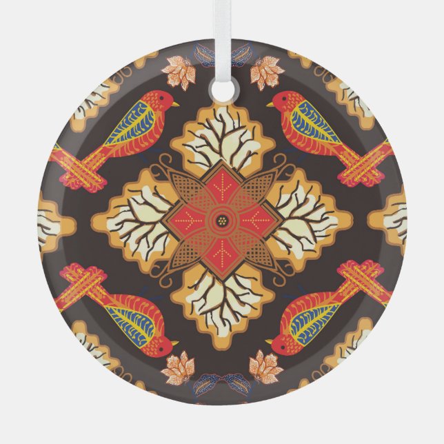 Indonesian batik: flora fauna motif. glass ornament (Front)