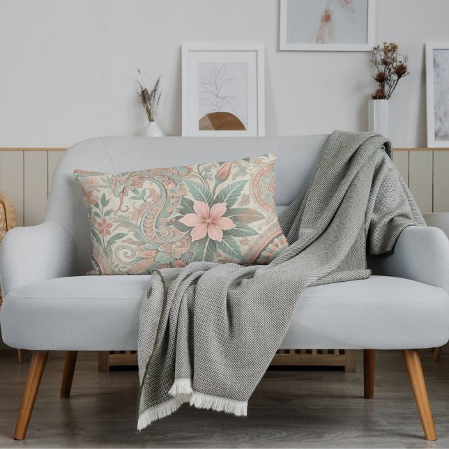  Indonesian Batik Floral Pattern Boho Pink Blue  Lumbar Pillow (Creator Uploaded)