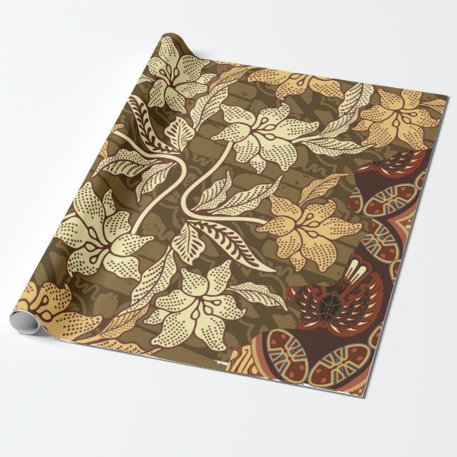 Indonesian batik motifs with flora and fauna patte wrapping paper (Unrolled)