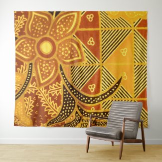 Indonesian Brown Batik Floral Wall Tapestry