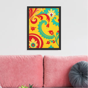 Indonesian Gold Floral Woven Pattern Framed Art Canvas Print