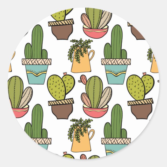 Indoor Cactus & Succulents In Pots Pattern Classic Round Sticker (Front)