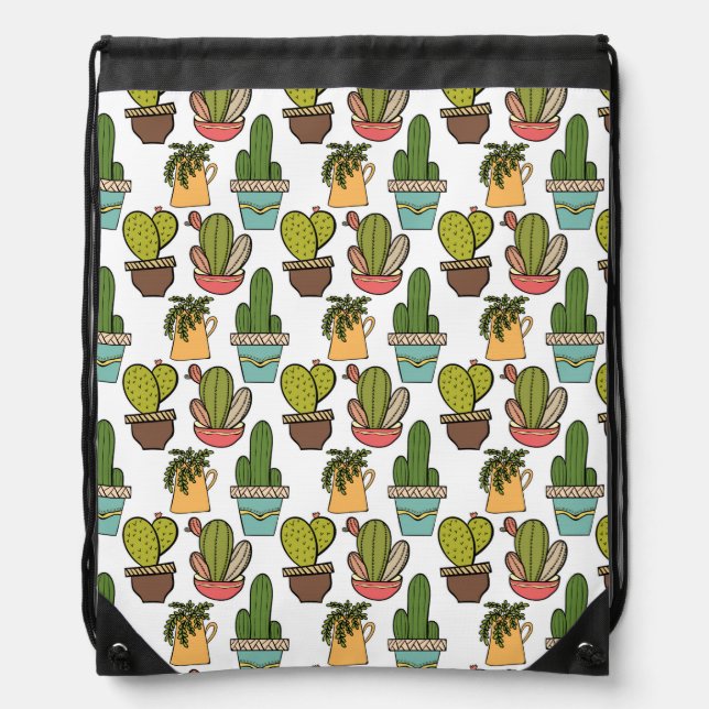 Indoor Cactus & Succulents In Pots Pattern Drawstring Bag (Front)