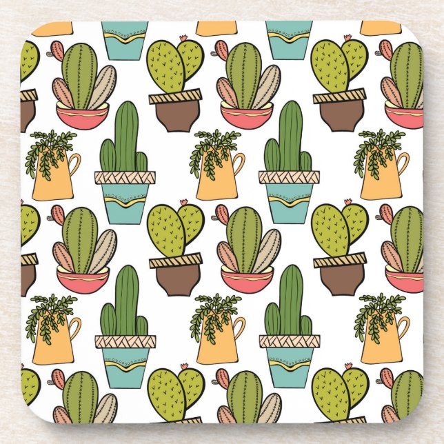 Indoor Cactus & Succulents In Pots Pattern Drink Coaster (Front)