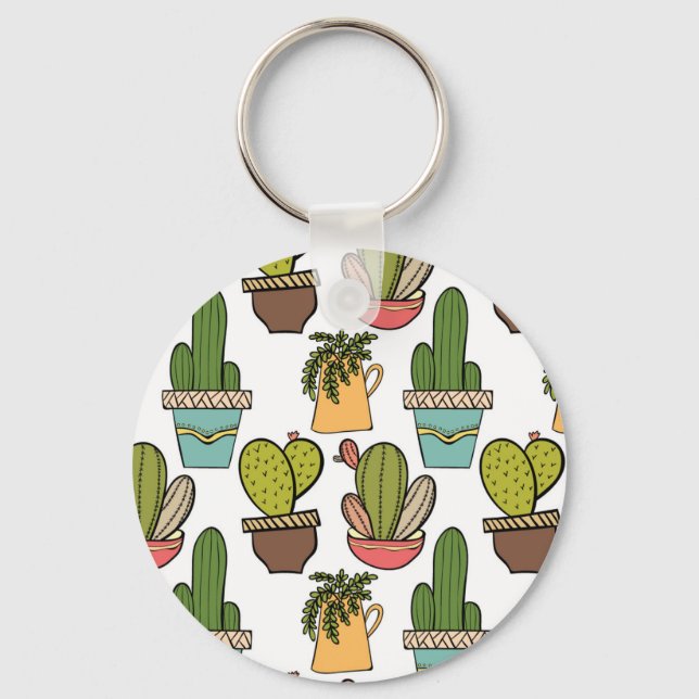 Indoor Cactus & Succulents In Pots Pattern Keychain (Front)