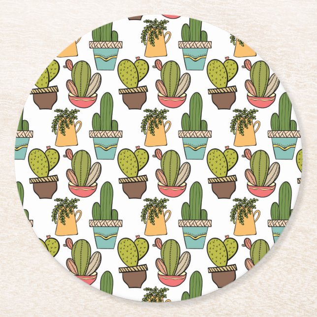 Indoor Cactus & Succulents In Pots Pattern Round Paper Coaster (Front)