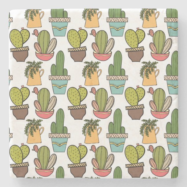 Indoor Cactus & Succulents In Pots Pattern Stone Coaster (Front)