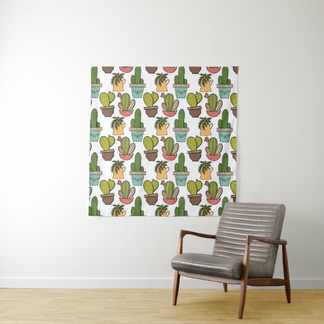 Indoor Cactus & Succulents In Pots Pattern Tapestry (In Situ (Horizontal))