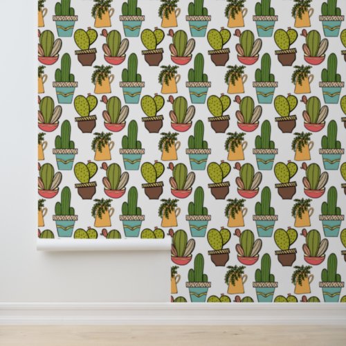 Indoor Cactus  Succulents In Pots Pattern Wallpaper