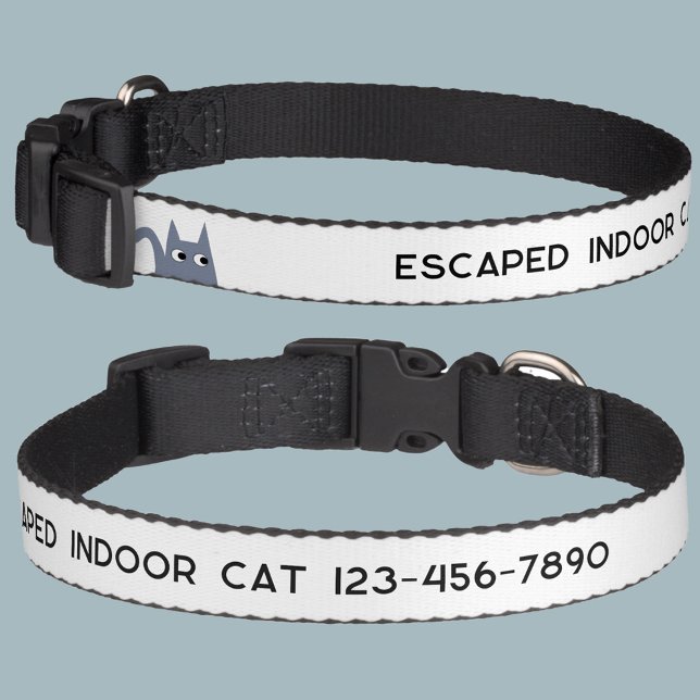 Indoor Cat Escaped Phone Number Pet Collar (Escaped indoor cat personalized phone number blue gray grey cat pet collar)