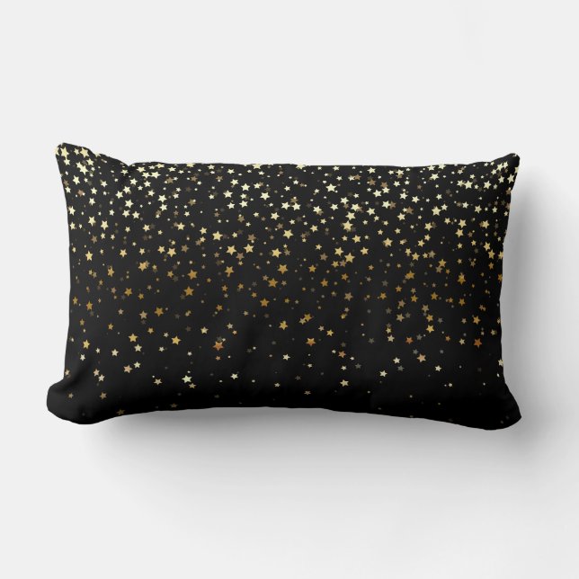 Indoor Petite Golden Stars Lumbar Pillow-Black Pillow (Front)