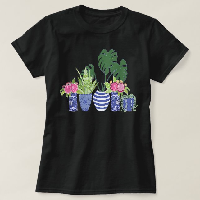 Indoor Plants Monstera Snake Plant Chinoiserie Pot T-Shirt (Design Front)