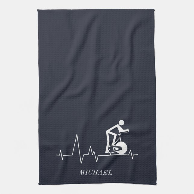 Indoor Spinning Cycle Heartbeat Personalized Navy Kitchen Towel (Vertical)