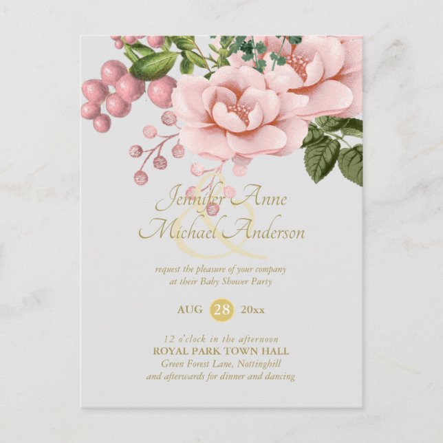 Indulgent Blush Pink Gold Rose Bouquet Baby Shower Postcard (Front)