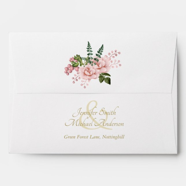 Indulgent Blush Pink Gold Roses Bouquet  Wedding Envelope (Back (Top Flap))