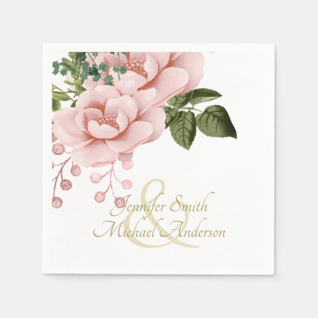 Indulgent Blush Pink Gold Roses Bouquet  Wedding Napkins (Front)